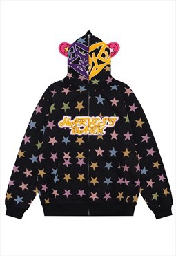 Monkey hoodie star print raver pullover Kawaii top in black