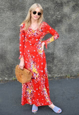 VINTAGE 70S RED FLORAL SUMMER MAXI DRESS