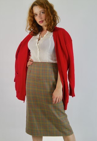 VINTAGE 90S WOOL PLAID TARTAN YELLOW RED BLUE MIDI SKIRT