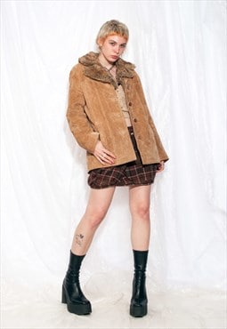 Vintage Y2K Leather Coat Faux Fur Collar Brown Suede