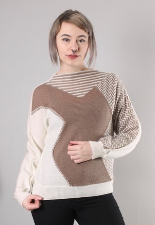VINTAGE 80S BEIGE PATTERNED PATCHWORK BATWING JUMPER