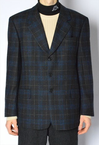VINTAGE 80S BLACK BLUE CHECK WOOL BLAZER