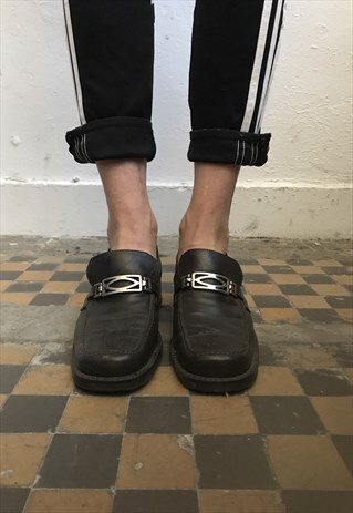 VINTAGE 80' AMAZING CLASSIC BLACK LEATHER MID-HEELED SHOES