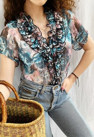 VINTAGE Y2K 00S RUFFLE BAROQUE ROSE PRINT TOP BLOUSE SHEER