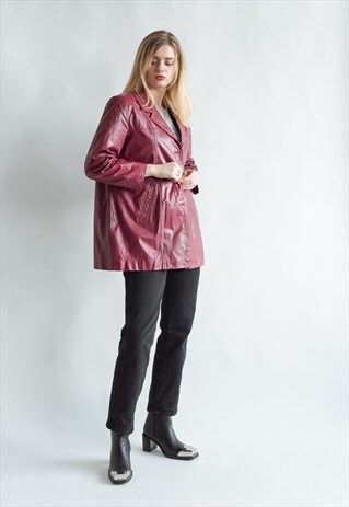 VINTAGE 90S BOYFRIEND FIT MINIMAL JACKET IN BURGUNDY LEATHER