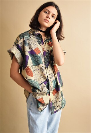 90'S RETRO ABSTRACT PRINT OVERSIZED SILK SHIRT BLOUSE TOP