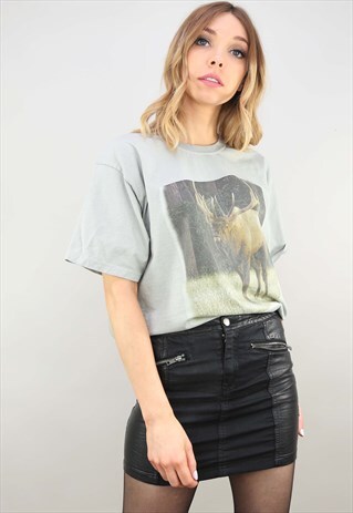 VINTAGE RETRO MOOSE ANIMAL GRAPHIC PRINT T-SHIRT