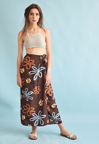 90'S RETRO FLORAL PRINT MAXI BEACH WRAP UP SKIRT