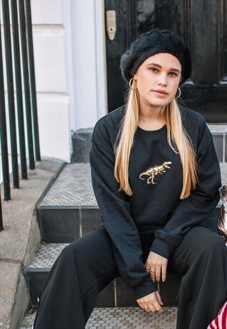 EMBROIDERED METALLIC GOLD BLACK DINO SWEATER