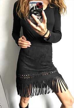 Fringe Western Boho Skirt In Black