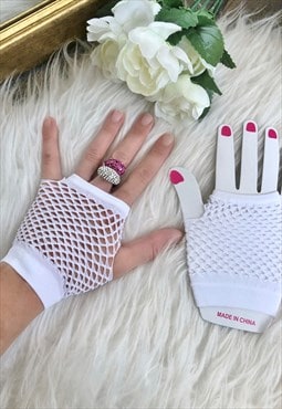 White Wrist High Fishnet Gloves