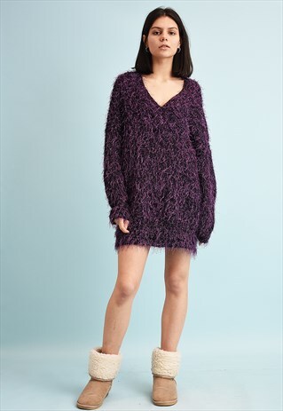 VINTAGE 80'S RETRO SLOUCHY FLUFFY JAZZY KNIT JUMPER DRESS