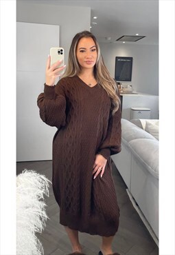 V Neck Maxi Knitted Jumper Dress In Brown