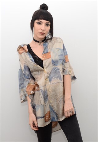VINTAGE 90'S RETRO SILK PATTERNED SUMMER SHIRT