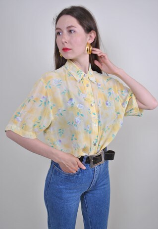 80S YELLOW FLORAL PATTERN BLOUSE WITH SHORT SLEEVE