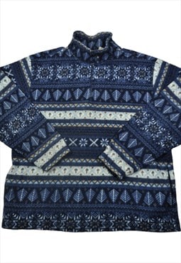 Vintage Fleece 1/4 Zip Retro Pattern Blue Large