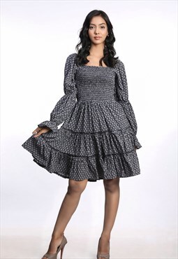 Shirred Tiered Frill Detailed Skater Mini Dress