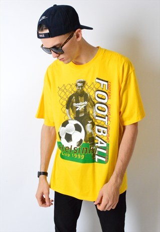 VINTAGE 90S YELLOW REEBOK HELSINKI FOOTBALL T-SHIRT
