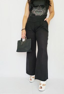 Vintage 90s black minimalist medium waist wide linen pants