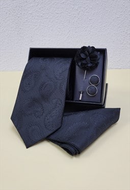 Black Woven Handkerchief Men Necktie and Lapel Pin Brooch S