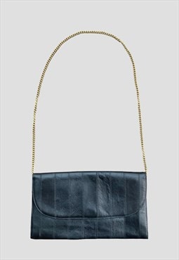 70's Vintage Black Leather Ladies Envelope Handbag Chain