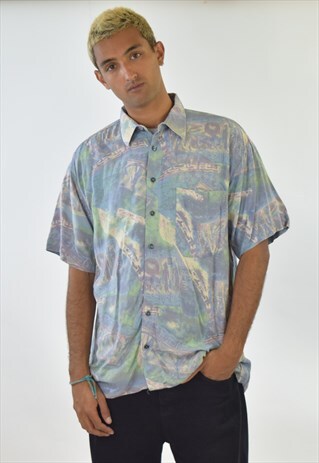 VINTAGE 90S PURPLE GREEN ABSTRACT PATTERNED SHIRT