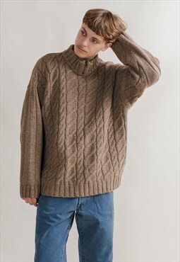 Vintage Fiume Half Zip Cable Knit Brown Wool Jumper Men XXL