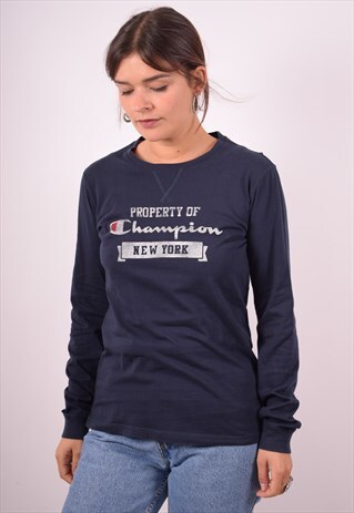 CHAMPION WOMENS VINTAGE TOP LONG SLEEVE XL NAVY BLUE 90S