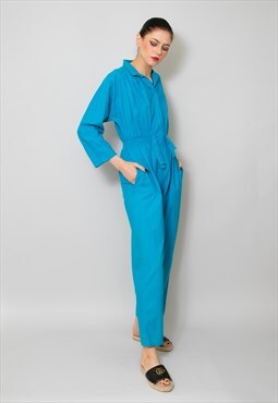 80's Vintage Ladies Blue Cotton Jumpsuit All In One 