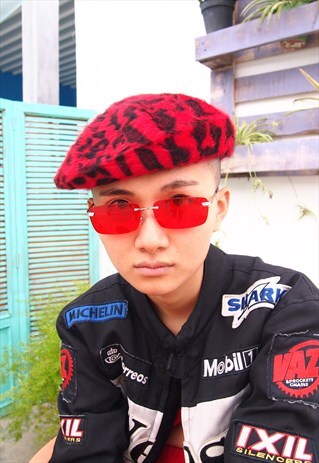 RED LEOPARD BLACK PRINT FLUFFY BERET