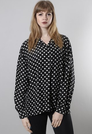 VINTAGE 80S SILK BLACK POLKA DOT SHIRT