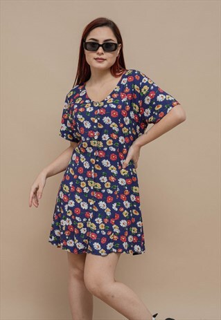 VINTAGE 90S GRUNGE DITSY FLORAL BUTTON FRONT MINI DRESS M