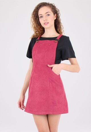 WINE SUEDE DUNGAREE PINAFORE DRESS