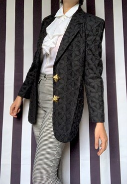 Vintage 80s black blazer, floral embroidery, jewel buttons