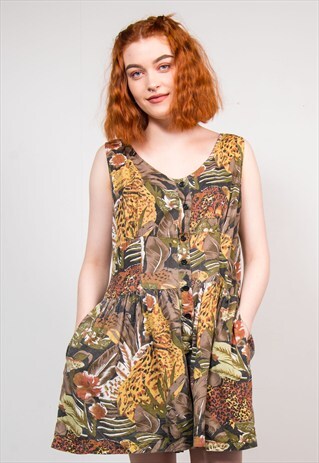 90'S VINTAGE LEAF SAFARI PATTERN SUMMER PLAYSUIT
