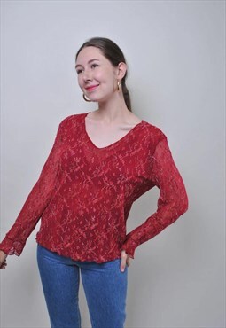 Vintage floral France blouse, retro red embroidered shirt