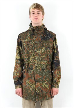 German Army Vintage Men's L Jacket Hooded Coat Zip Camo