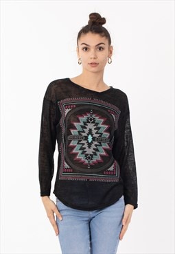Long Sleeve Top with Aztec Print in Black