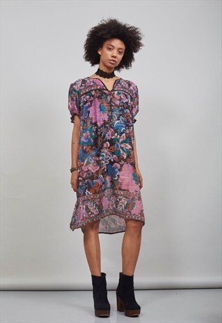 70'S BLACK AND ROSEWOOD PINK FLORAL INDIAN BOHO DRESS