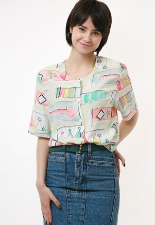 80S VINTAGE VTG RARE VISCOSE ABSTRACT PATTERN BLOUSE 2652