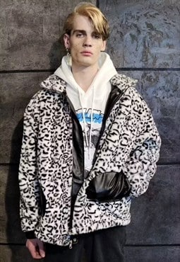 2 Sided leopard fleece jacket faux leather reversible bomber