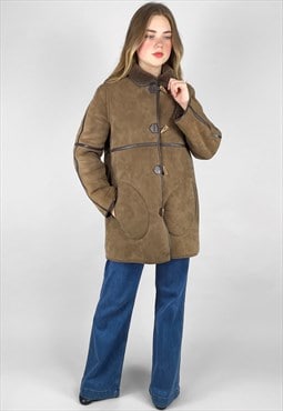 80's Vintage Brown Suede Leather Shearling Ladies Coat 