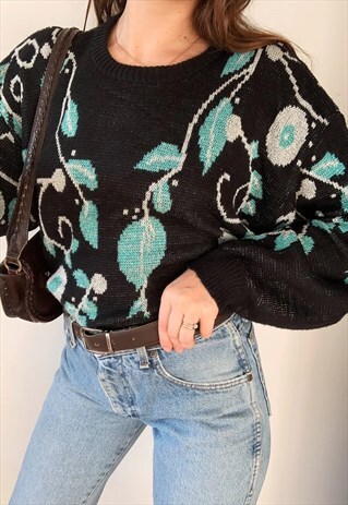 VINTAGE 80S FLORAL SPARKLING OVERSIZED KNIT JUMPER PULLOVER