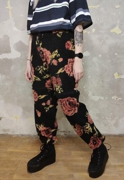 Floral fleece joggers handmade rose print 2 in 1 overalls