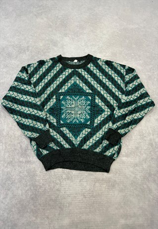 VINTAGE KNITTED JUMPER ABSTRACT PATTERNED GRANDAD SWEATER