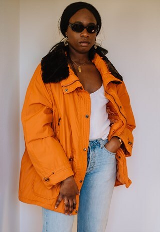 UNISEX VINTAGE PUFFER PARKA JACKET WITH FAUX FUR COLLAR