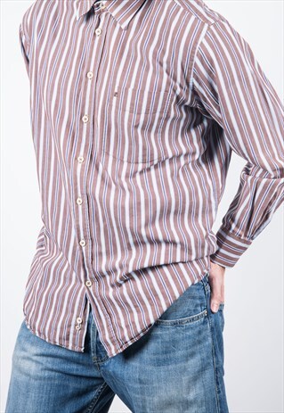 VINTAGE 1990S PIERRE CARDIN BROWN AND BLUE STRIPED SHIRT