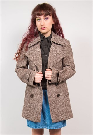 VINTAGE 70'S BROWN TWEED DOUBLE BREAST COAT JACKET