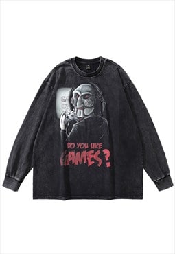 Horror movie t-shirt vintage wash top Jigsaw print long tee