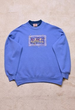 Women's Vintage 90s Blue Embroidered Applique Sweater
